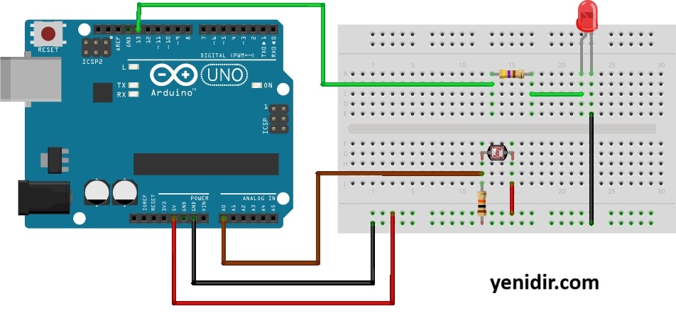 Arduino ile LDR (ışıkla değişen direnç) örnek kullanım devresi